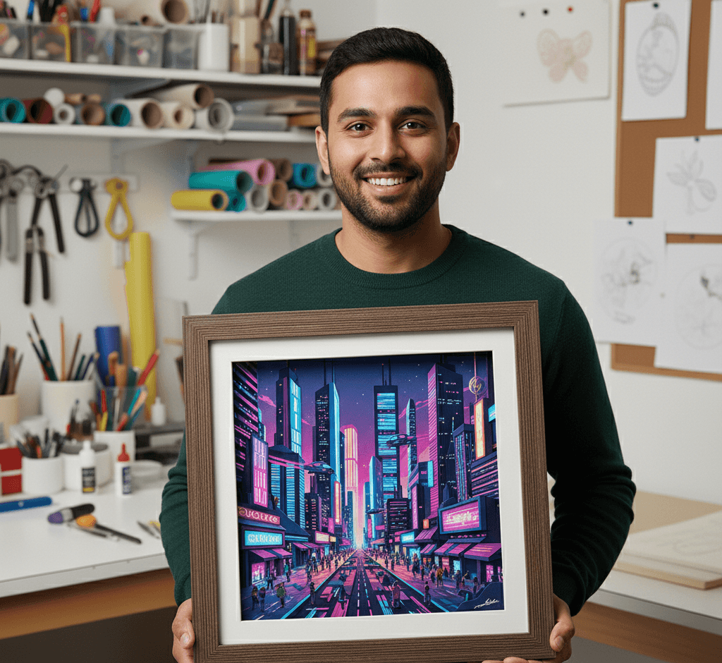 Charcoal Satin Deep Shadowbox frame showcasing vibrant digital art print with neon cityscape illustration in creative studio workspace. Artist displays custom 1 inch wide picture frame with 1 inch depth on white mat creating gallery-quality presentation for contemporary urban artwork and digital illustrations. This deep frame provides professional presentation depth for prints, posters, and digital artwork with enhanced visual impact. Custom shadowbox frames ideal for modern art prints, graphic design displays, illustration artwork, and contemporary digital art with museum-quality matting and professional framing standards.