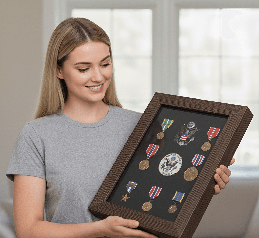 Charcoal Satin Deep Shadowbox frame displaying military medals and honors in elegant home setting. This 1 inch wide custom shadowbox frame with 1 inch usable depth provides premium protection for service medals, ribbons, military insignia, and commemorative pins. Woman proudly holds professionally framed military achievement display featuring U.S. military decorations arranged on dark backing. Custom shadowbox frames ideal for preserving veteran recognition, Purple Heart displays, and armed forces memorabilia with museum-quality presentation and protective depth for dimensional military collectibles.