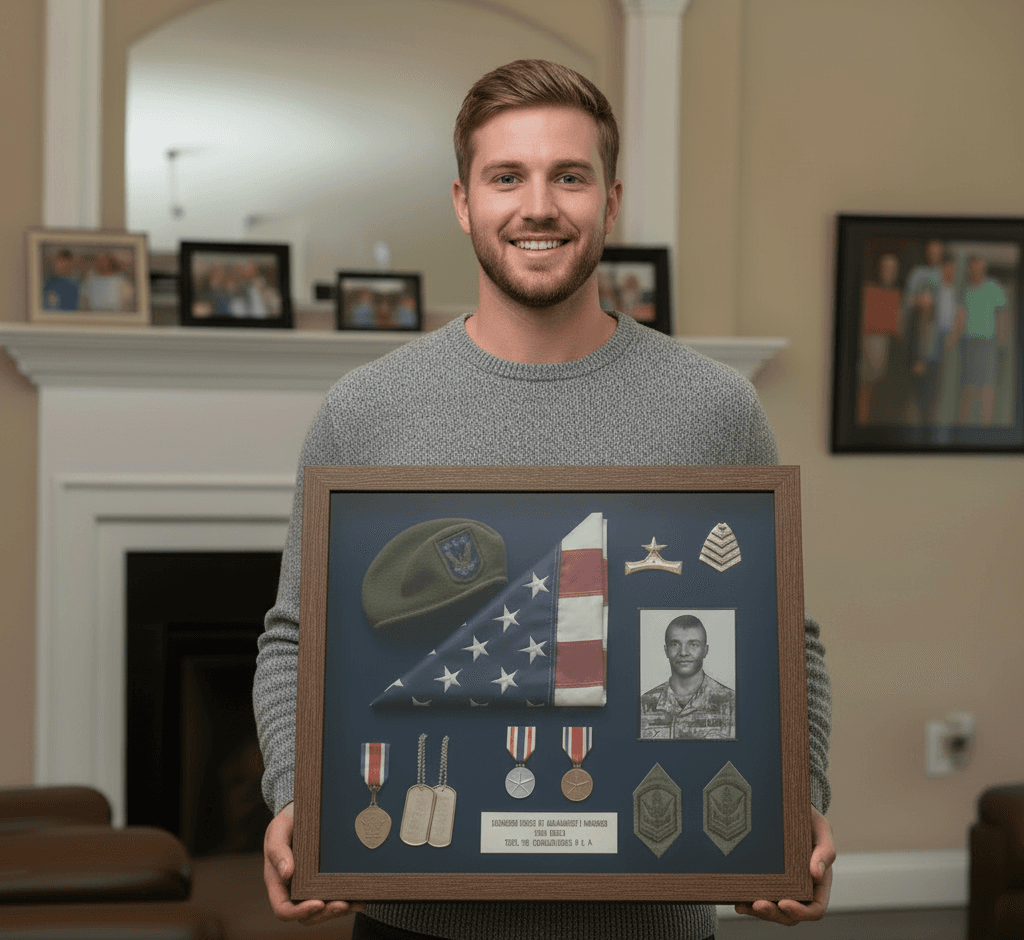 Charcoal Satin Deep Shadowbox frame showcasing military retirement memorial with folded American flag, service beret, vintage photo, medals, dog tags, and commemorative plaque. Man holds custom 1 inch wide shadowbox frame with 1 inch depth designed for comprehensive career tribute displays in modern home setting. This deep picture frame accommodates dimensional military items including headwear, rank insignia, service medals, and engraved plaques on navy blue backing. Custom shadowbox frames perfect for Air Force retirement gifts, military career tributes, and multi-branch service displays with professional shadow depth.