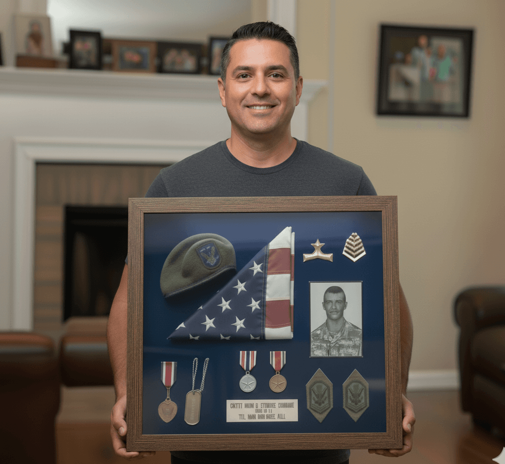 Charcoal Satin Deep Shadowbox frame preserving military service memorial with folded American flag, service photo, beret, medals, dog tags, and rank patches on navy backing. Man displays custom 1 inch wide picture frame with 1 inch depth in home living room featuring comprehensive military career tribute. This deep shadowbox frame accommodates dimensional military memorabilia including flags, headwear, insignia, and personal items with professional conservation presentation. Custom frames ideal for fallen soldier memorials, veteran tribute displays, military retirement gifts, and patriotic memorial shadowboxes with dignified preservation depth.