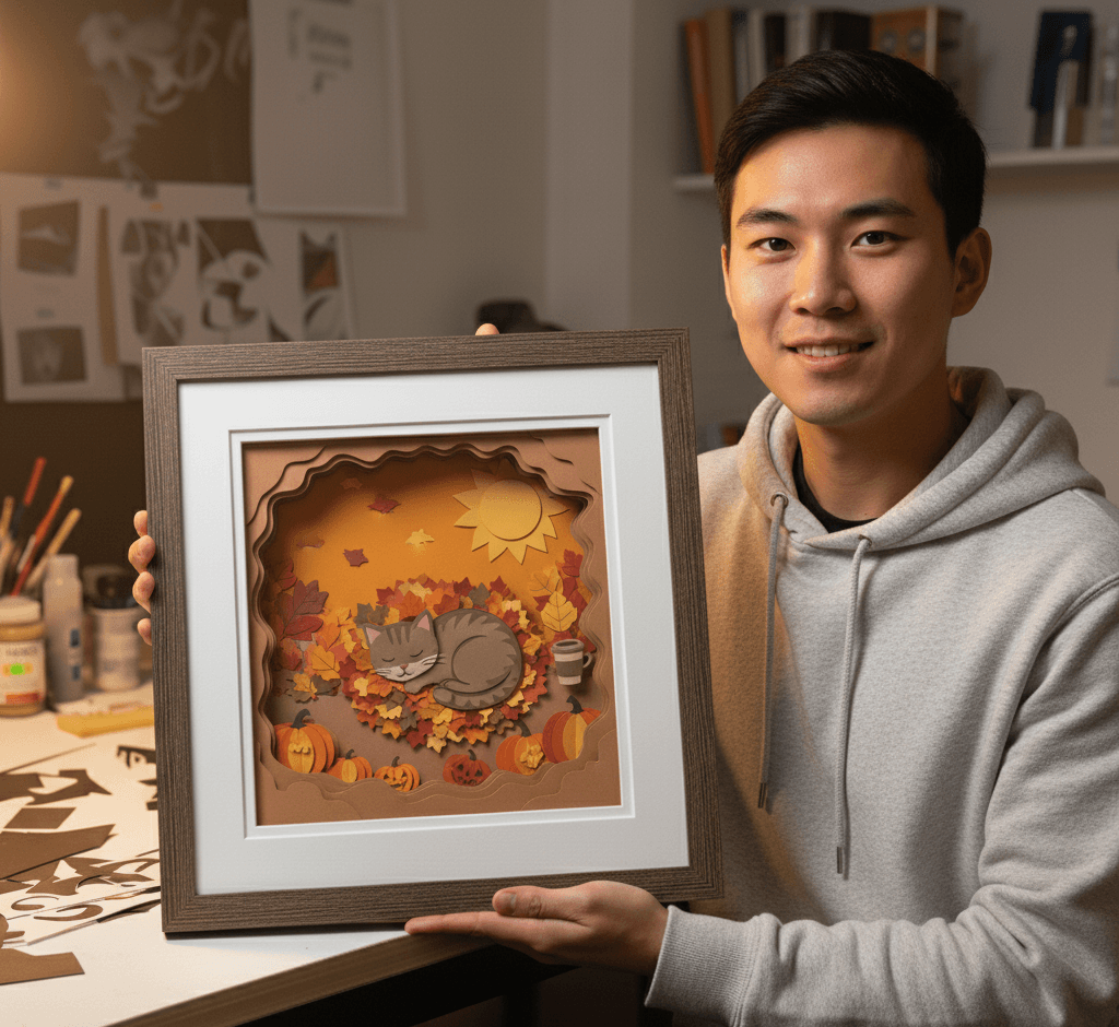 Charcoal Satin Deep Shadowbox frame displaying whimsical 3D layered paper art featuring autumn cat sleeping among fall leaves and pumpkins in artist's workspace. Man holds custom 1 inch wide picture frame with 1 inch depth with white mat showcasing dimensional paper cutting artwork with seasonal theme. This deep frame provides necessary depth for multiple paper layers creating shadow effects and dimensional illustration. Custom shadowbox frames perfect for seasonal artwork, paper cutting displays, handmade paper art, craft fair artwork, and dimensional paper sculpture with professional gallery presentation depth.