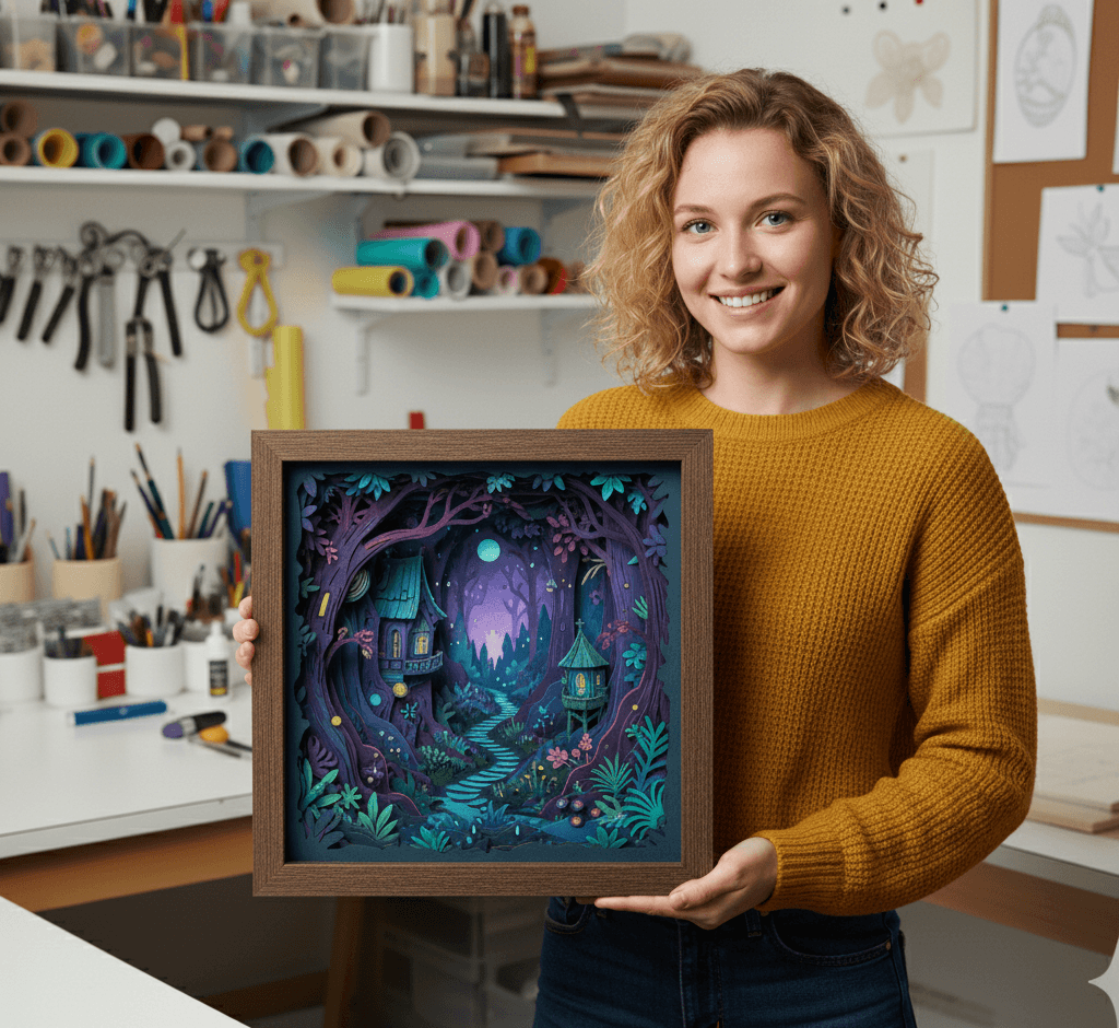 Charcoal Satin Deep Shadowbox frame displaying intricate 3D layered paper art featuring whimsical fantasy forest scene with fairy houses, purple foliage, and teal accents. Artist holds custom 1 inch wide picture frame with 1 inch depth in creative studio workspace surrounded by crafting supplies. This shadowbox frame provides essential depth for dimensional paper cutting artwork, layered illustrations, and paper sculpture displays with professional gallery presentation. Deep picture frames perfect for showcasing paper art, shadow box dioramas, handmade paper sculptures, and dimensional craft artwork with museum-quality protection.