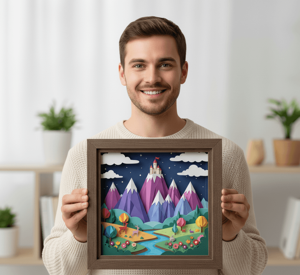 Charcoal Satin Deep Shadowbox frame showcasing vibrant 3D paper art with layered mountain landscape, castle, river, and colorful trees in modern minimalist home. Man displays custom 1 inch wide picture frame with 1 inch shadowbox depth designed for dimensional paper cutting art and children's room decor. This deep frame accommodates multiple paper layers creating depth and dimension in contemporary nursery wall art. Custom shadowbox frames ideal for framing paper sculpture, kids' artwork preservation, whimsical illustrations, and layered collage art with professional depth for dimensional artwork displays.