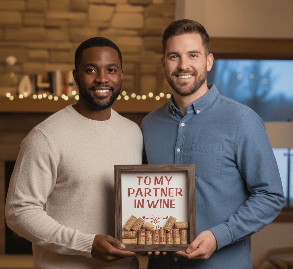 Charcoal Satin Deep Shadowbox frame displaying wine cork collection with TO MY PARTNER IN WINE text in elegant home dining setting. Two men hold custom 1 inch wide picture frame with 1 inch depth designed for wine enthusiast displays and relationship milestone tributes. This deep shadowbox accommodates dimensional wine corks from special occasions, anniversary celebrations, and couples' wine tasting memories on white backing. Custom frames perfect for wine lover gifts, anniversary shadow boxes, couples' memory displays, and bar decor featuring collected corks from memorable vintages and celebrations.