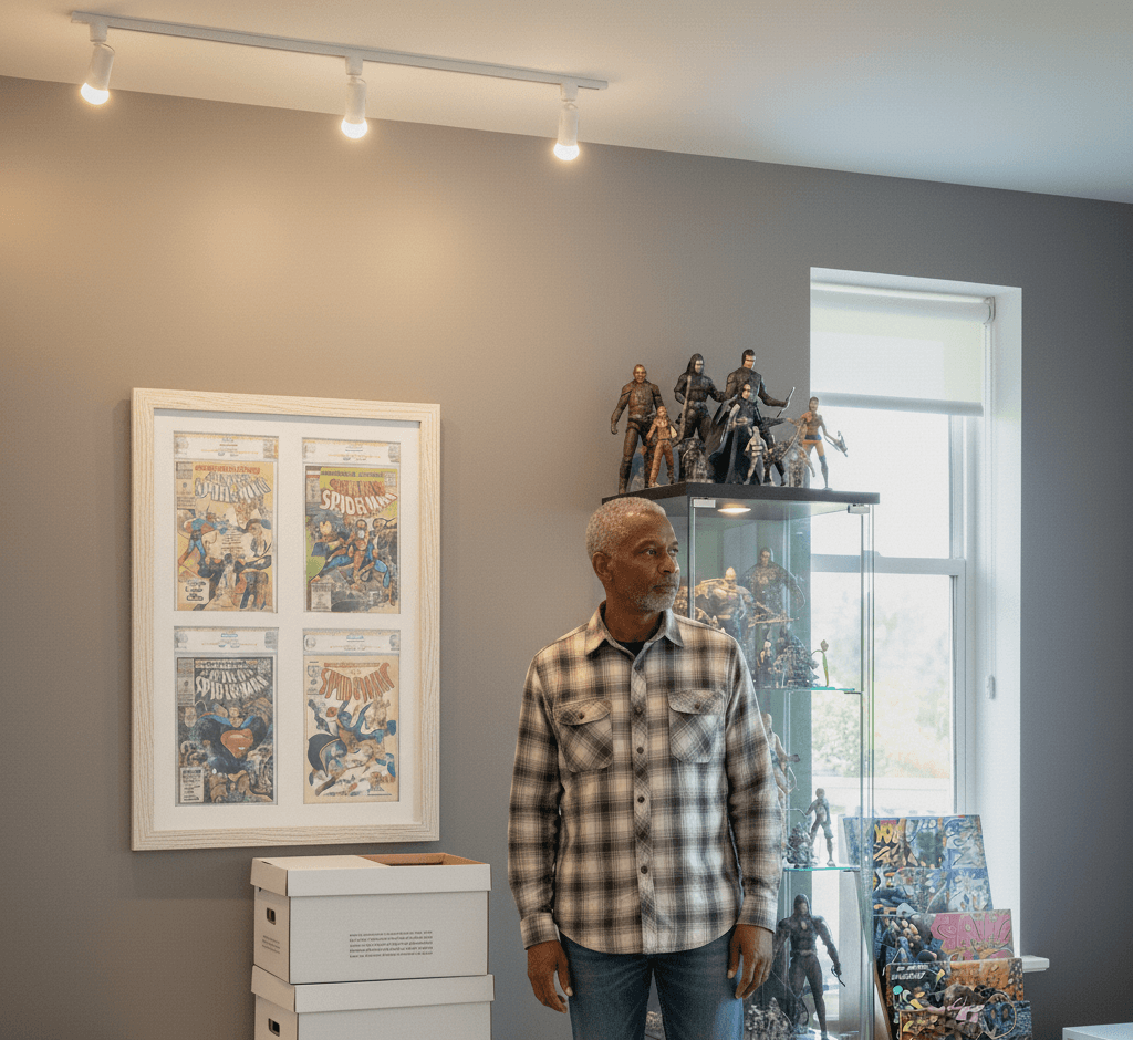 Deep Natural Maple Shadowbox Frame displaying four framed vintage Spider-Man comics with white matting in modern collector's room with display cabinet and action figures. Custom 1 inch moulding width picture frame with 1 inch depth protects comic book art and pop culture memorabilia. Deep maple shadowbox frames perfect for comic displays, superhero collections, pop culture rooms, and collectible preservation.