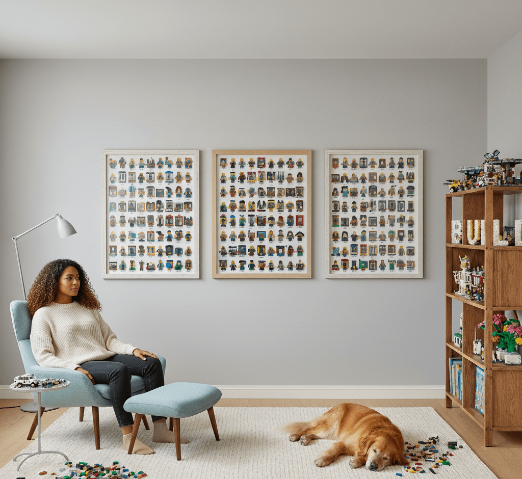 Deep Natural Maple Shadowbox Frames displaying organized LEGO minifigure collection gallery wall with three coordinated displays featuring diverse character collections on white backing. Custom 1 inch moulding width picture frames with 1 inch shadowbox depth accommodate dimensional minifigures and collectible toy displays. Deep maple shadowbox frames perfect for LEGO collections, action figure galleries, collectible toy walls, and pop culture memorabilia.