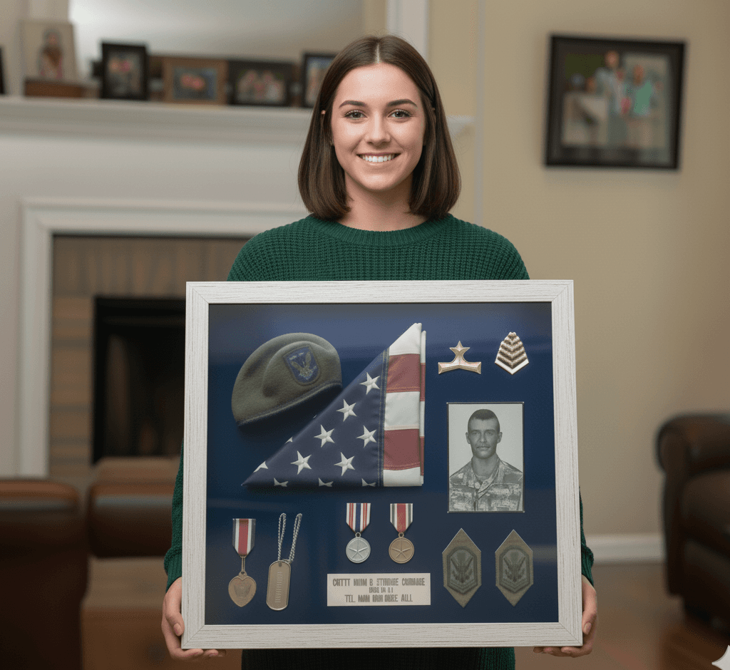 Deep Natural Maple Shadowbox Frame preserving comprehensive Air Force service memorial with folded American flag, service portrait, medals, dog tags, rank patches, and engraved plaque on navy backing. Custom 1 inch moulding width picture frame with 1 inch depth accommodates dimensional military memorabilia with professional arrangement. Deep maple shadowbox frames ideal for military retirement gifts, service tributes, and veteran memorials.