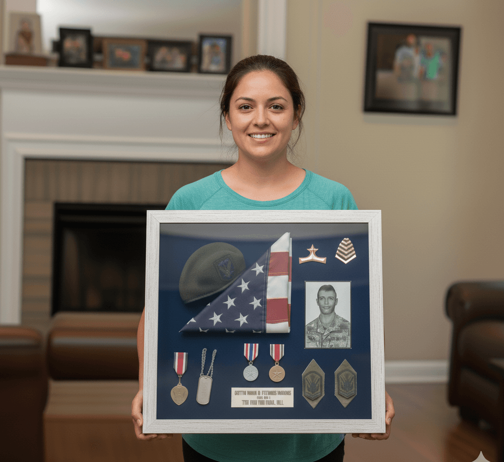 Deep Natural Maple Shadowbox Frame displaying Air Force military shadowbox with folded flag, service photograph, medals, identification tags, rank insignia, and personalized plaque on deep blue backing. Custom 1 inch moulding width picture frame with 1 inch depth protects service history with archival quality. Deep maple shadowbox frames perfect for Air Force retirement, military tributes, patriotic displays, and service recognition.