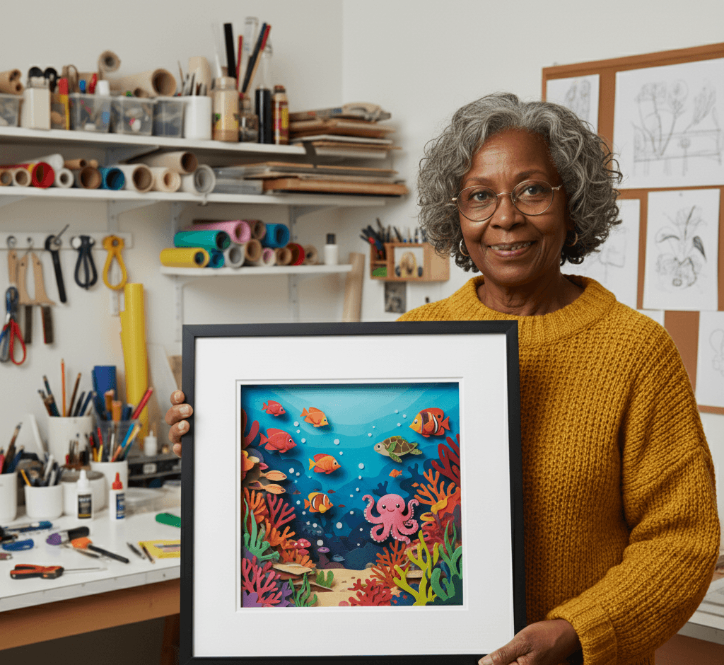 Deep Natural Maple Shadowbox Frame displaying 3D layered paper art vibrant ocean scene with tropical fish, sea turtle, coral reef, and underwater ecosystem. Custom 1 inch moulding width picture frame with 1 inch shadowbox depth provides necessary dimension for paper sculpture and multi-layer constructions. Deep maple shadowbox frames perfect for paper cutting art, marine artwork, dimensional illustrations, and handmade paper crafts.