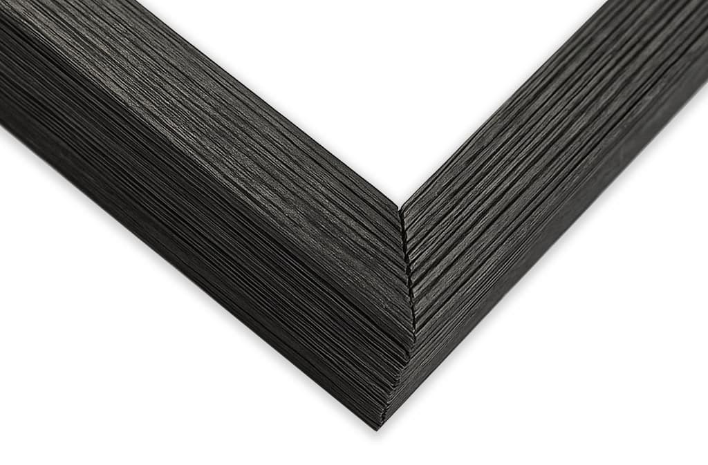 Barn Black Standard Depth corner detail showing precision mitered joint with ribbed barn wood texture and 1 inch moulding width with 1 inch usable depth perfect for industrial modern shadowbox displays
