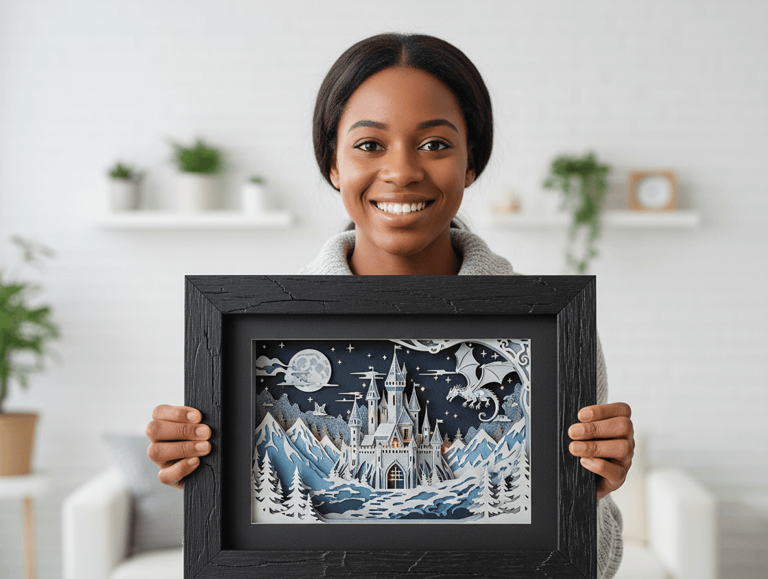 Person holding black textured shadowbox frame displaying baby's first year keepsakes with hospital bracelet, footprint card, and newborn photo demonstrating birth announcement shadow box for nursery memory display, infant milestone framing, and dimensional baby keepsake box with rustic black wood