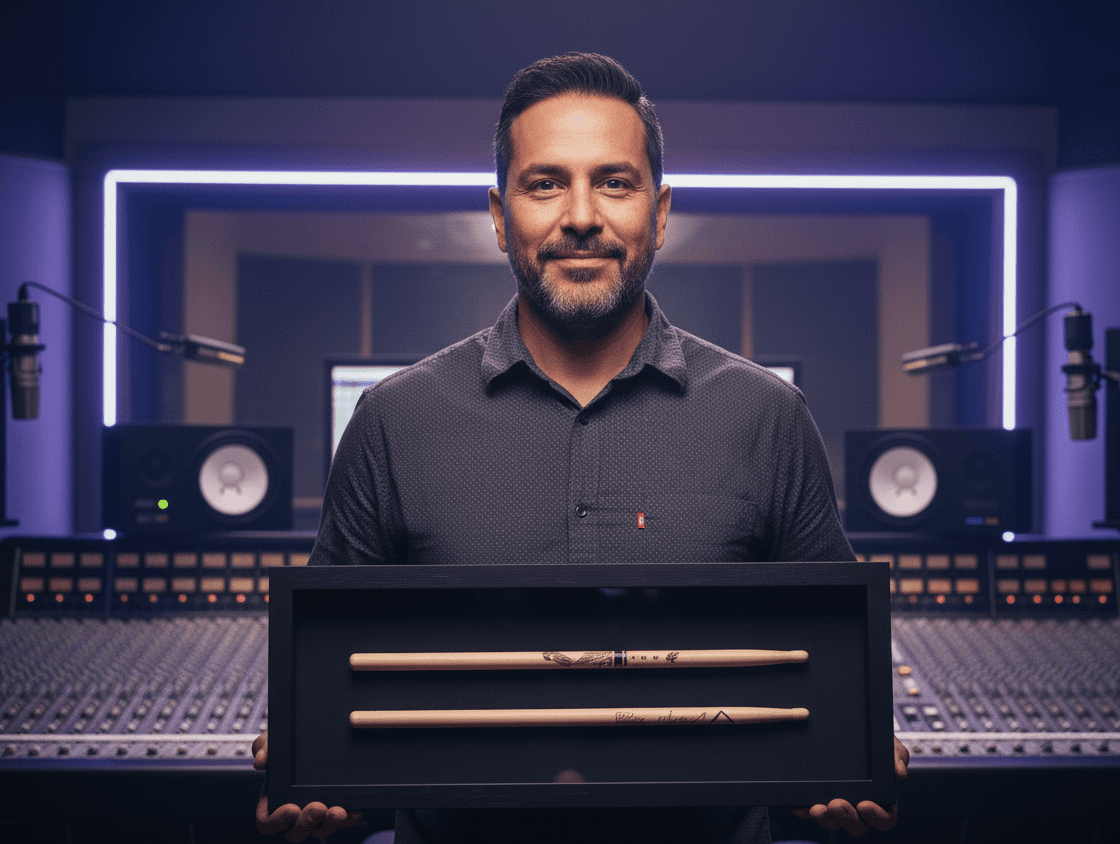 Music producer in recording studio holding black barn wood shadowbox frame displaying signed drumsticks from famous musicians demonstrating custom shadow box for music industry memorabilia, percussion collectibles display, and dimensional entertainment keepsake framing with textured black wood