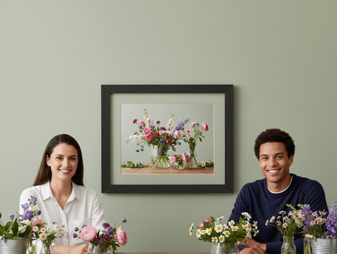 Couple at farmhouse table with black textured shadowbox frame holding matted floral photograph on sage green wall demonstrating custom picture frame for botanical art display, nature photography framing, and home decor shadow box with barn black wood and professional matting