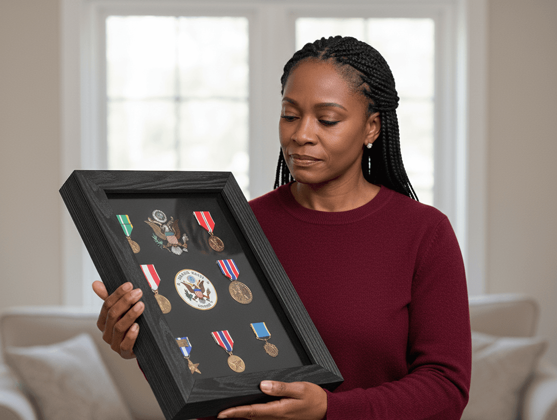 Woman holding black textured shadowbox picture frame preserving military service medals, rank insignia, and American eagle emblem demonstrating veteran honor shadow box for armed forces memorabilia, military achievement display, and dimensional patriotic framing with barn wood style frame