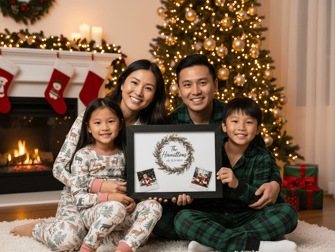 Asian family in Christmas pajamas holding barn black shadowbox frame with personalized Hamilton family name wreath and holiday photos in festive living room with decorated tree and fireplace demonstrating custom family shadow box for seasonal memory display, holiday keepsake framing, and dimensional home decor with textured black wood picture frame