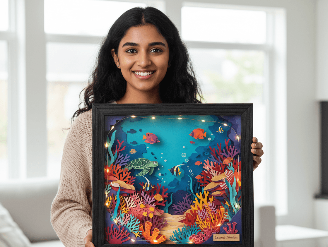 Woman holding black grooved shadowbox picture frame with LED lights displaying colorful Ocean Wonders underwater art with tropical fish, sea turtle, and coral reef demonstrating illuminated shadow box for paper cut art display, dimensional wall decor, and custom artwork framing with barn black wood and lighting feature
