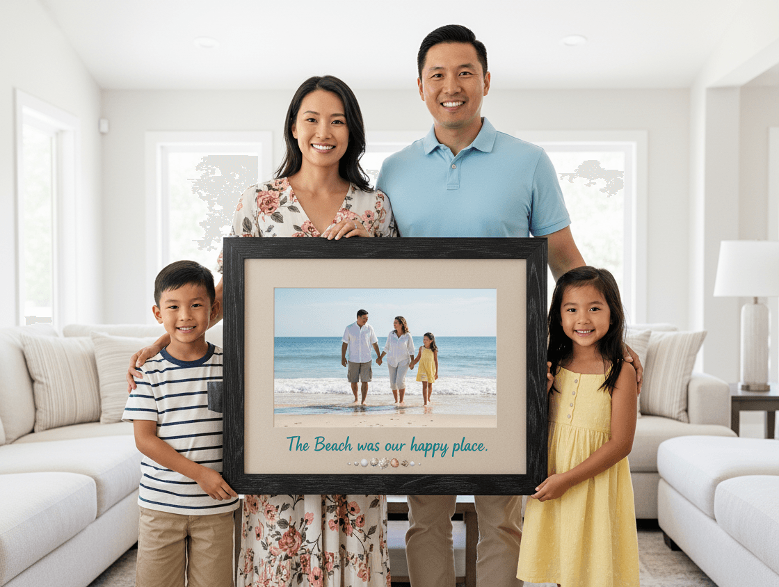 Asian family of four with young children in bright living room holding large black grooved shadowbox picture frame displaying matted beach vacation family photo with inspirational quote The Beach was our happy place and decorative seashell border demonstrating custom family memory shadow box for vacation keepsake display, photo preservation framing, and dimensional home decor with barn wood style frame