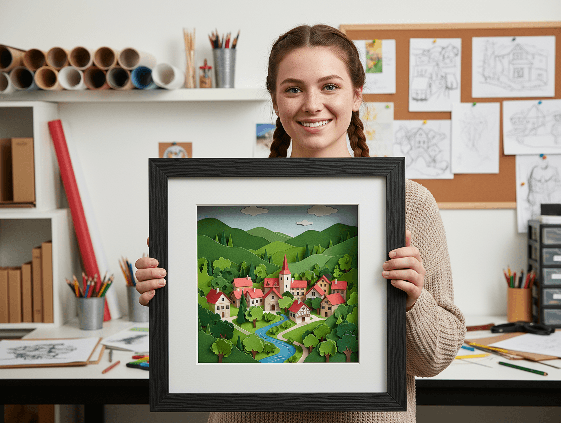 Young woman artist with braided hair in creative studio holding black textured shadowbox picture frame displaying paper cut landscape art with European village, rolling green hills, winding river, and layered dimensional scenery demonstrating custom shadow box for paper art display, handmade craft framing, and dimensional artwork preservation with barn black wood picture frame
