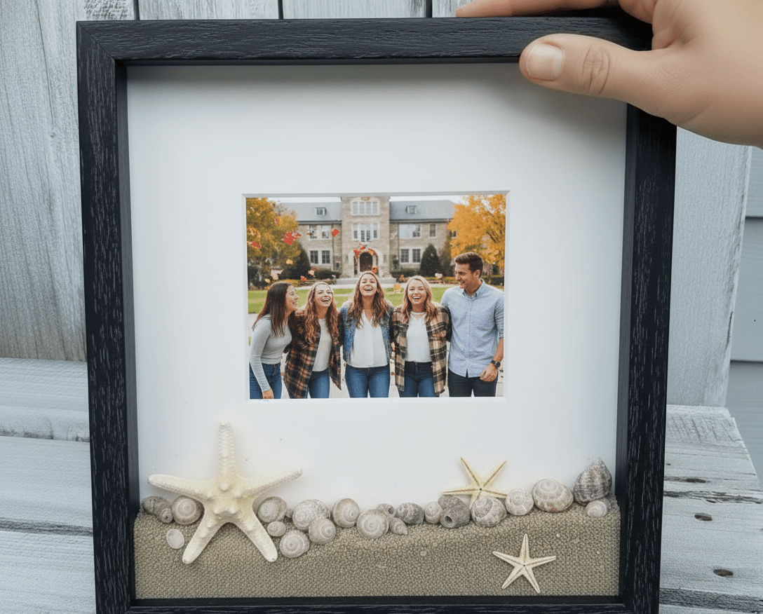 Hand holding black grooved shadowbox picture frame with college friends group photo matted above decorative sand layer with starfish and seashells on weathered blue siding demonstrating custom memory shadow box for friendship keepsake display, beach vacation framing, and dimensional photo preservation with rustic barn wood frame