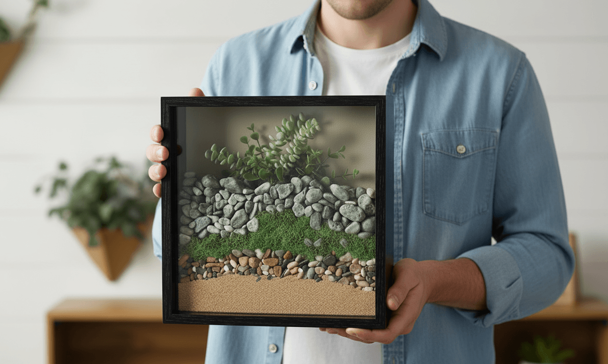 Man in denim shirt holding black textured shadowbox picture frame displaying zen garden terrarium art with layered river stones, green moss, textured minerals, sand, and living succulent plant demonstrating custom shadow box for natural specimen display, miniature garden framing, and dimensional botanical art preservation with grooved barn wood style picture frame
