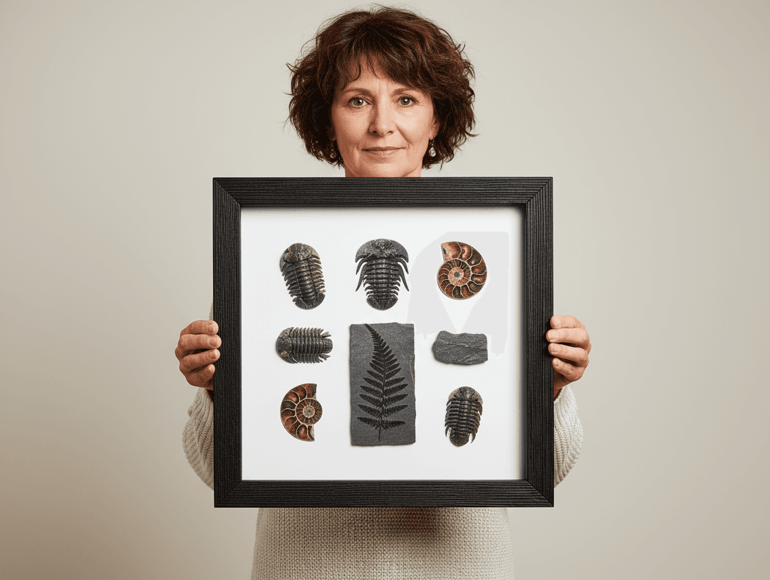 Woman in cream sweater holding large black textured shadowbox picture frame displaying paleontology fossil collection with trilobite specimens, ammonite shells, and fern impression arranged on white background demonstrating museum-quality shadow box for natural history display, fossil specimen framing, and dimensional scientific collectible preservation with grooved barn wood style picture frame