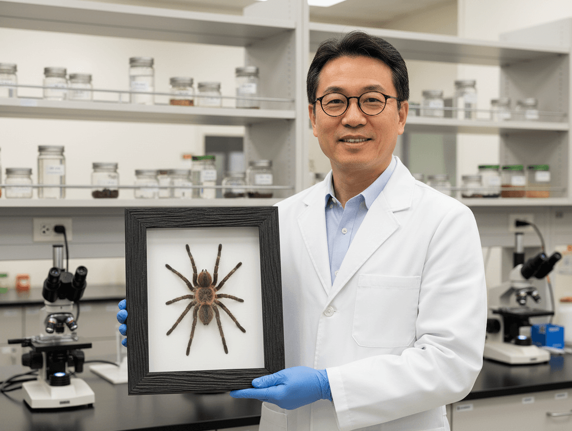 Asian scientist in white lab coat with blue gloves in research laboratory holding black ribbed shadowbox picture frame displaying large preserved tarantula spider specimen on white background with microscopes and specimen jars demonstrating scientific shadow box for arachnid specimen display, entomology collection framing, and dimensional natural history preservation with barn black wood picture frame