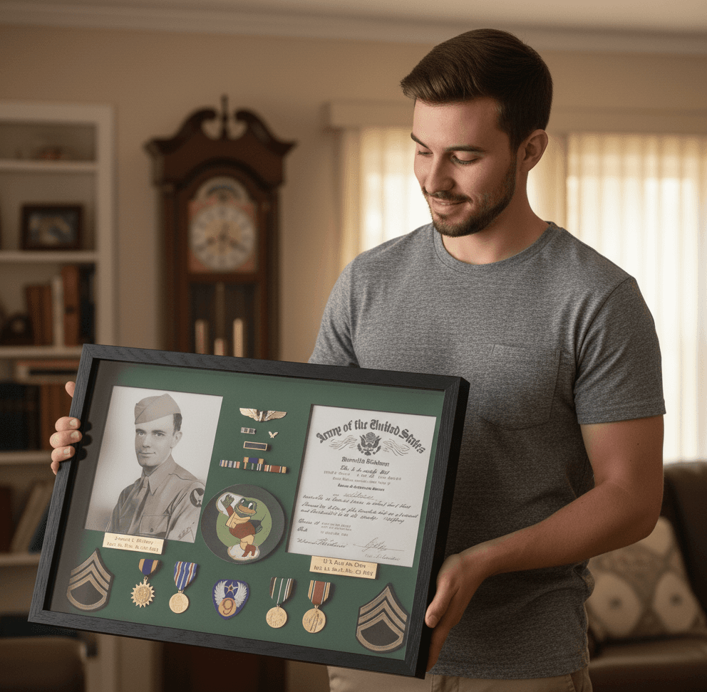 Young man in gray t-shirt holding large black textured shadowbox picture frame displaying World War II Army Air Corps veteran tribute with formal military portrait photo, unit patch with cartoon bulldog, service medals, sergeant rank insignia, and official discharge certificate on green mat demonstrating military heritage shadow box for WWII memorabilia display, family history framing, and dimensional veteran honor preservation with grooved barn black wood picture frame