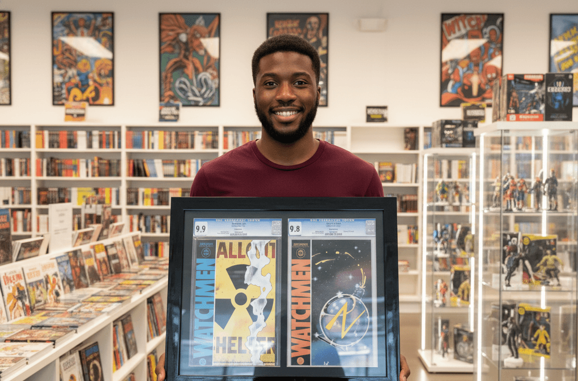 Comic collector in bookstore holding glossy black shadowbox frame displaying CGC graded Watchmen comics with professional certification showcasing collectible picture frame for valuable comic book protection and comic shop display with modern black shadow box framing