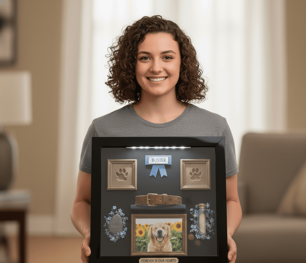 Woman holding glossy black pet memorial shadowbox frame featuring Buster nameplate dog photo paw print plaques collar tags and flowers demonstrating custom pet shadow box for dog memorial cat tribute and beloved pet keepsake framing with personalized dimensions