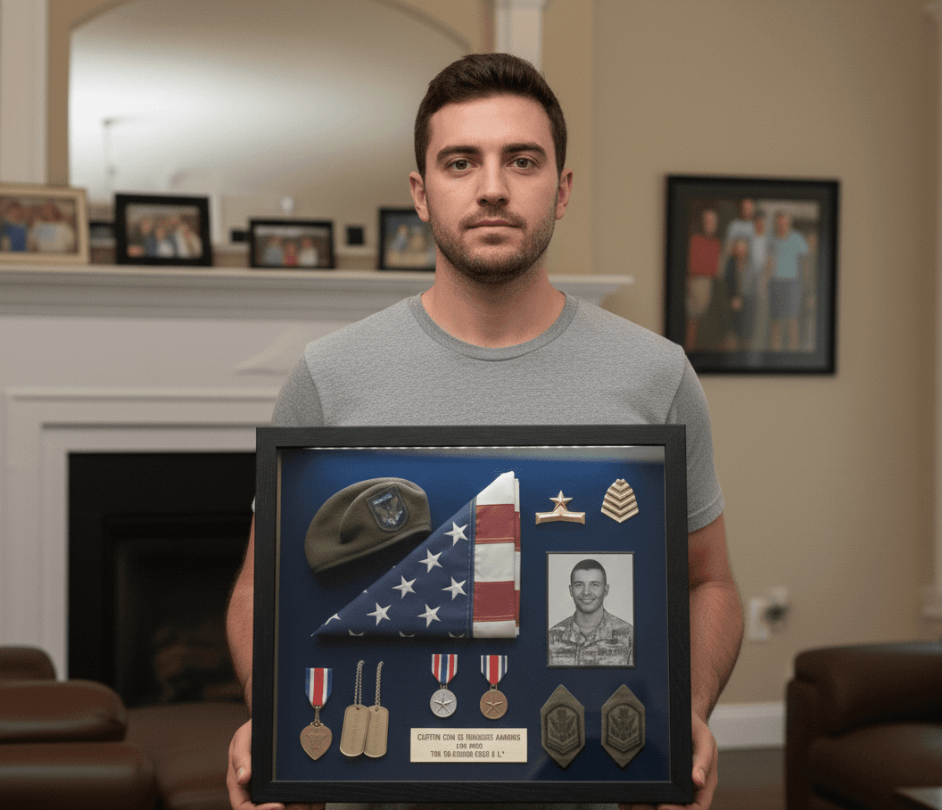 Man holding glossy black military shadowbox frame preserving modern service memorabilia with folded flag beret photo medals dog tags patches and engraved plaque demonstrating professional military shadow box for contemporary veteran tribute and armed forces honor display