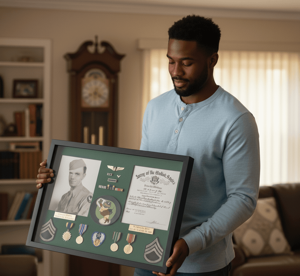 Man holding glossy black deep shadowbox frame preserving WWII military memorabilia including vintage portrait medals patches Air Forces insignia and historical certificate demonstrating vintage military shadow box for historical artifact display and wartime heritage preservation