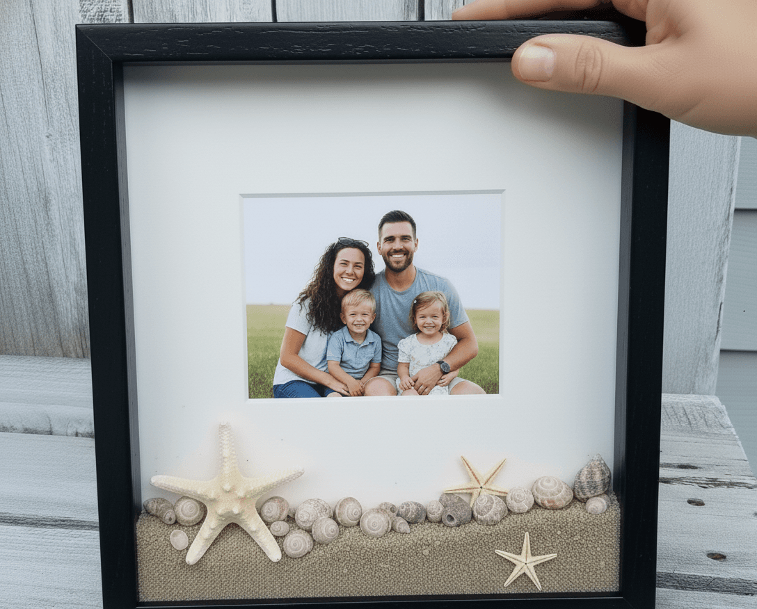 Glossy black shadowbox frame with white mat displaying beach family vacation photo with starfish seashells and natural sand creating coastal memory display demonstrating custom picture frame for travel keepsakes beach treasures and family memory preservation shadowbox