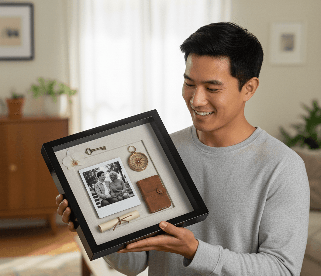 Man in modern home holding glossy black shadowbox frame preserving family heritage display with vintage black and white photo antique compass skeleton key leather wallet and rolled scroll demonstrating custom picture frame for genealogy keepsakes family history display and heirloom memory preservation shadowbox