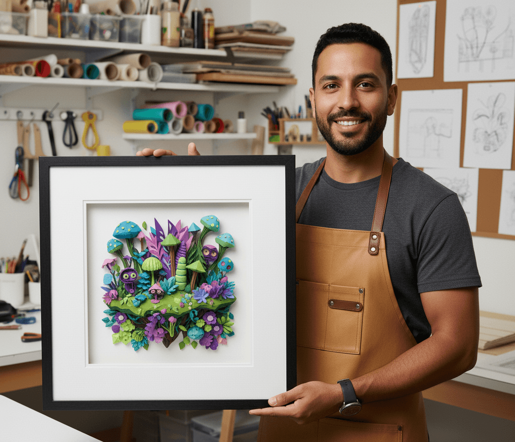 Artist in creative studio wearing work apron holding glossy black shadowbox frame with white mat showcasing dimensional mushroom fantasy garden paper sculpture with purple green characters demonstrating deep picture frame for whimsical paper art 3D craft display and contemporary shadow box framing