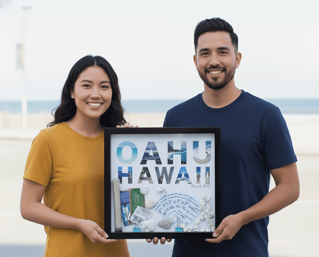 Couple at beach holding glossy black shadowbox frame preserving Oahu Hawaii travel memories with destination photo tickets sand shells and keepsakes demonstrating vacation shadow box for tropical souvenir display and travel memorabilia preservation in custom picture frame