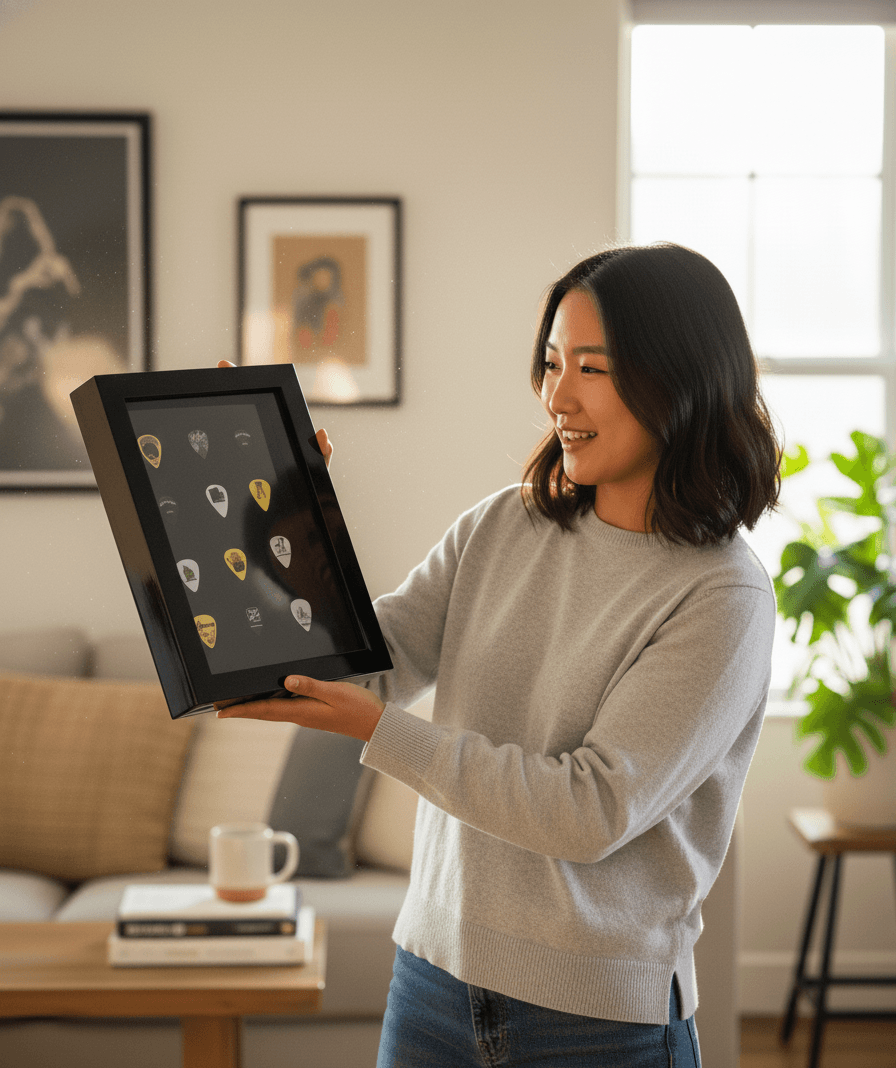Woman in modern living room holding glossy black shadowbox frame with dark background displaying collection of guitar picks in organized rows demonstrating music memorabilia shadow box for musician collectibles concert keepsakes and music enthusiast display picture frame