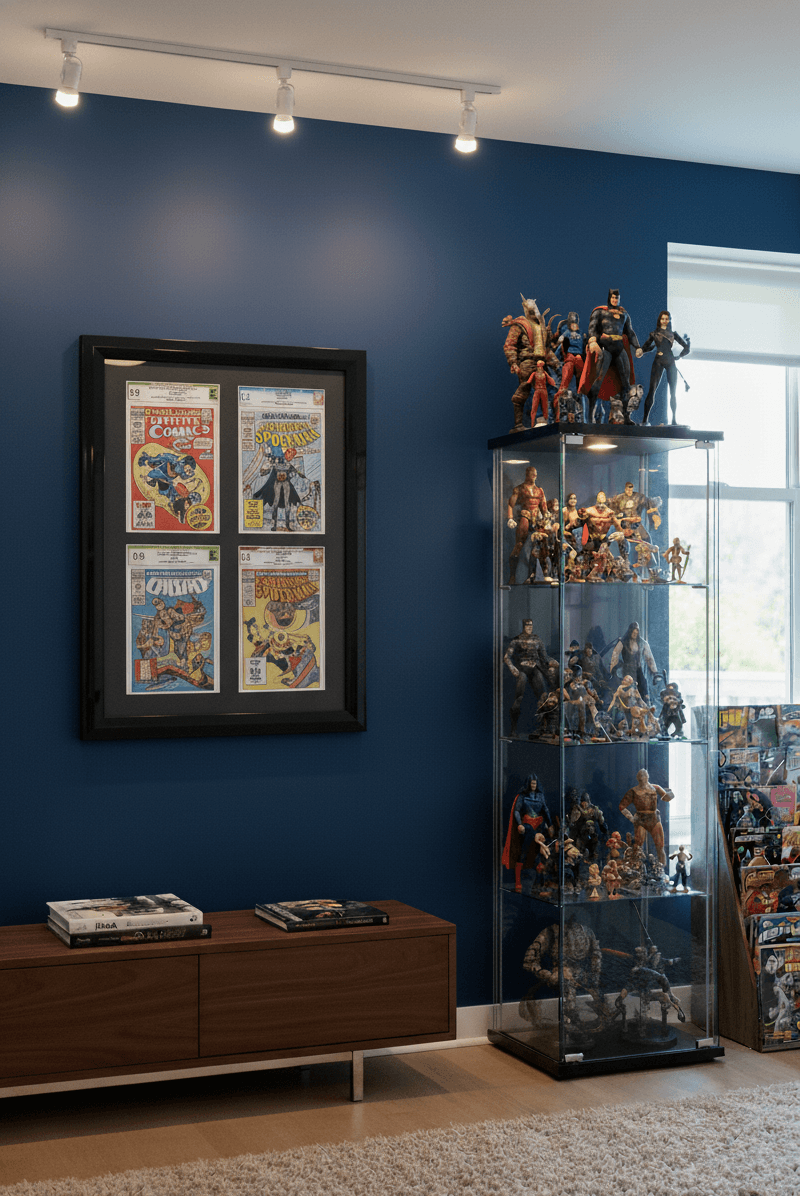 Comic book collector's room featuring CGC graded comic books displayed in multiple glossy black shadowbox frames mounted on wall alongside action figure collectibles, demonstrating professional grading slab display picture frames for certified comic preservation and geek culture memorabilia showcasing