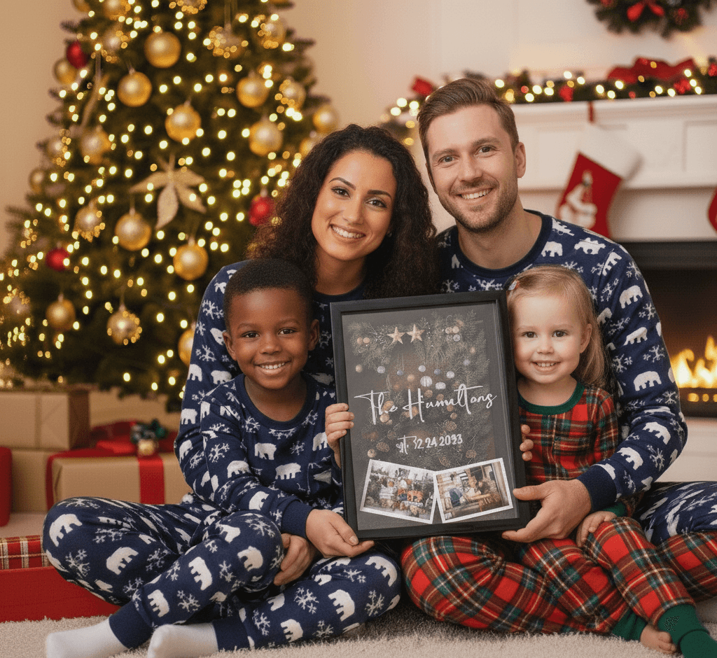 Multi-generational family at Christmas holding personalized glossy black shadowbox frame with family surname and cherished photos mounted on festive mat board, demonstrating custom family heritage picture frames for holiday keepsake displays and personalized name art framing