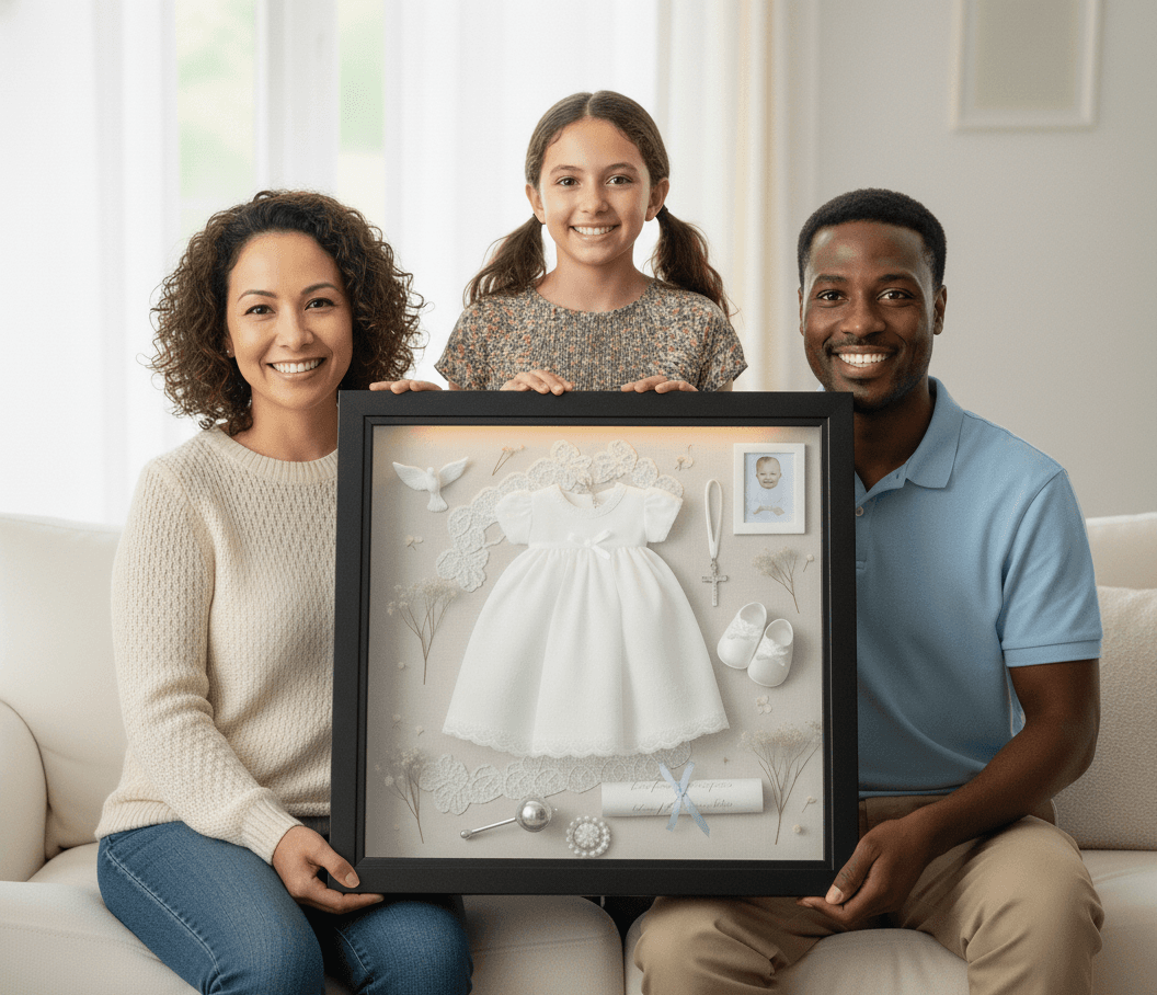 Three generations holding glossy black shadowbox frame displaying preserved christening gown with baptism photos and religious mementos on cream mat board, demonstrating heirloom textile picture frames for first holy communion garments and family blessing preservation framing