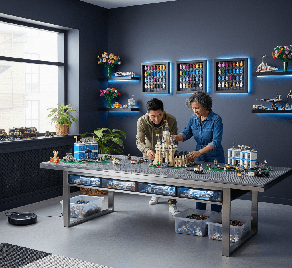 Collector's playroom featuring rare LEGO minifigures organized in grid of glossy black shadowbox frames on white wall, demonstrating toy collection display picture frames for building brick character preservation and organized collectible figure showcasing systems