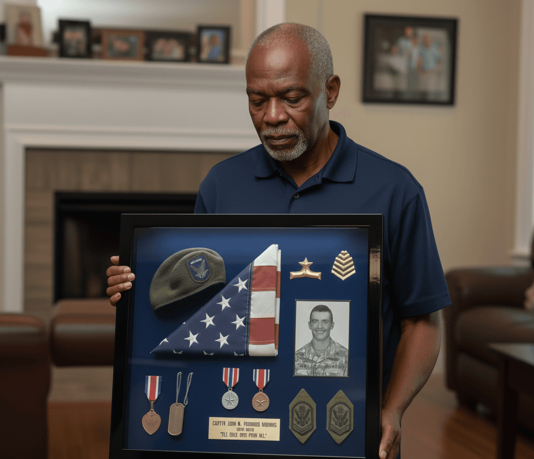 Veteran holding glossy black military shadowbox frame preserving service memorabilia including folded American flag beret photo medals dog tags and engraved plaque demonstrating military honor box for veteran tribute patriotic display and professional shadowbox framing