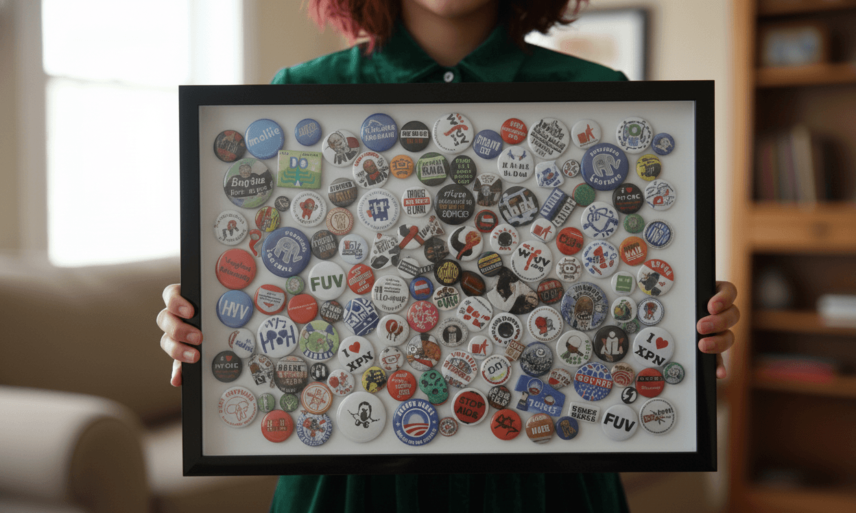 Vintage political campaign buttons and pins from multiple presidential elections arranged in glossy black shadowbox frame with archival backing, demonstrating election memorabilia picture frames for historical button collections and political ephemera preservation framing