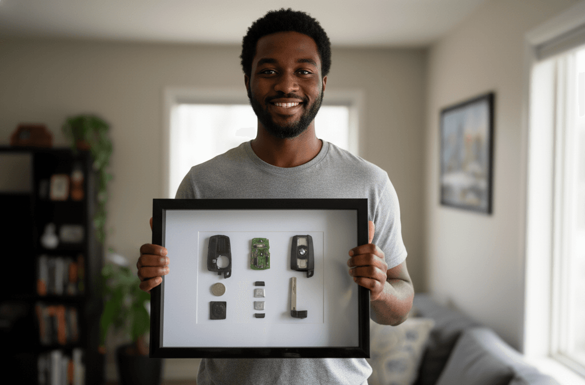 Man holding glossy black deep shadowbox frame showcasing technology collection with vintage car keys circuit board and gadgets demonstrating custom shadow box for tech memorabilia gadget display and dimensional collectible framing in modern home setting