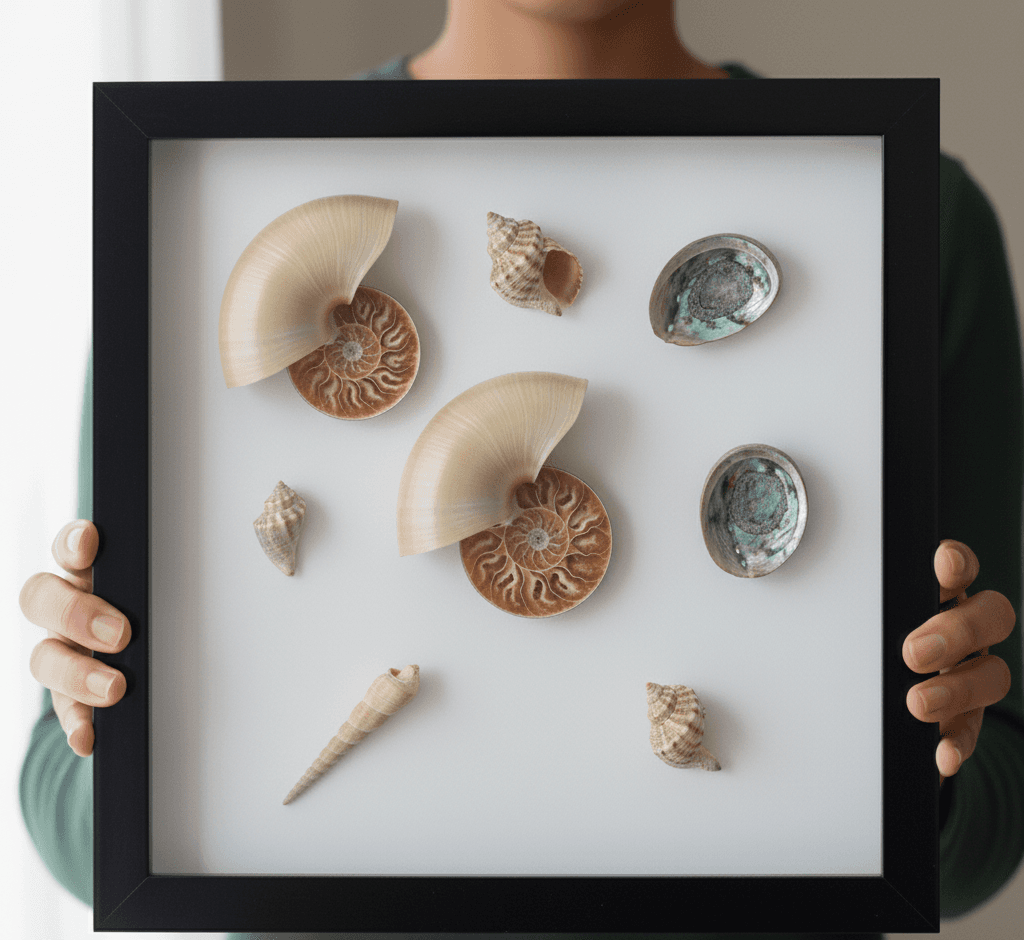 Person holding glossy black shadowbox frame displaying natural history collection with nautilus fossils seashells and ocean specimens demonstrating museum-quality shadow box for coastal treasures beach collectibles and nature specimen display with professional picture framing