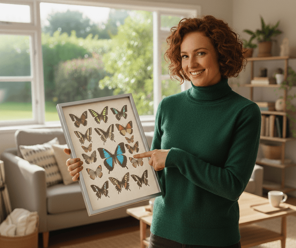 Stainless steel shadowbox frame showcasing butterfly collection with multiple preserved specimens on linen background held in home setting demonstrating entomology display frame for insect collections and natural science presentations
