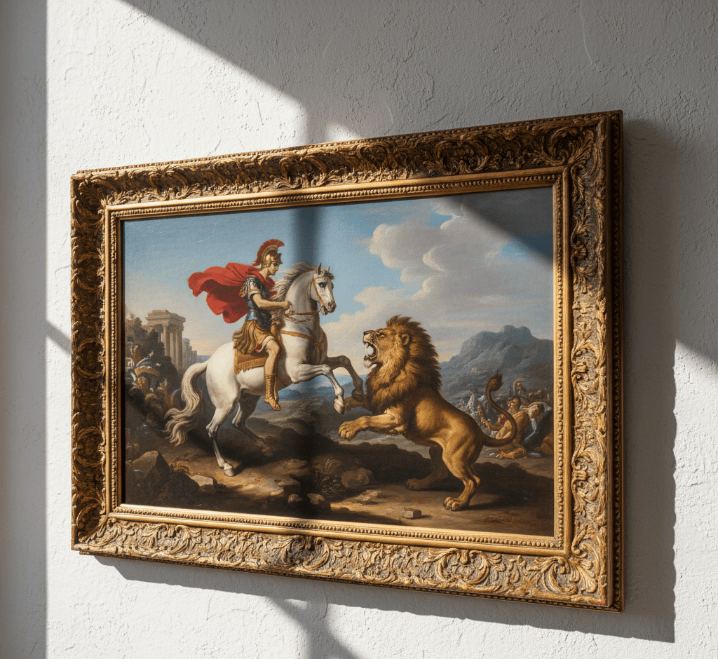 Ornate antique gold picture frame with elaborate baroque scrollwork displaying classical oil painting in elegant interior setting showcasing wide 2 inch moulding with rich gold finish and floral vine patterns perfect for fine art and traditional portraits