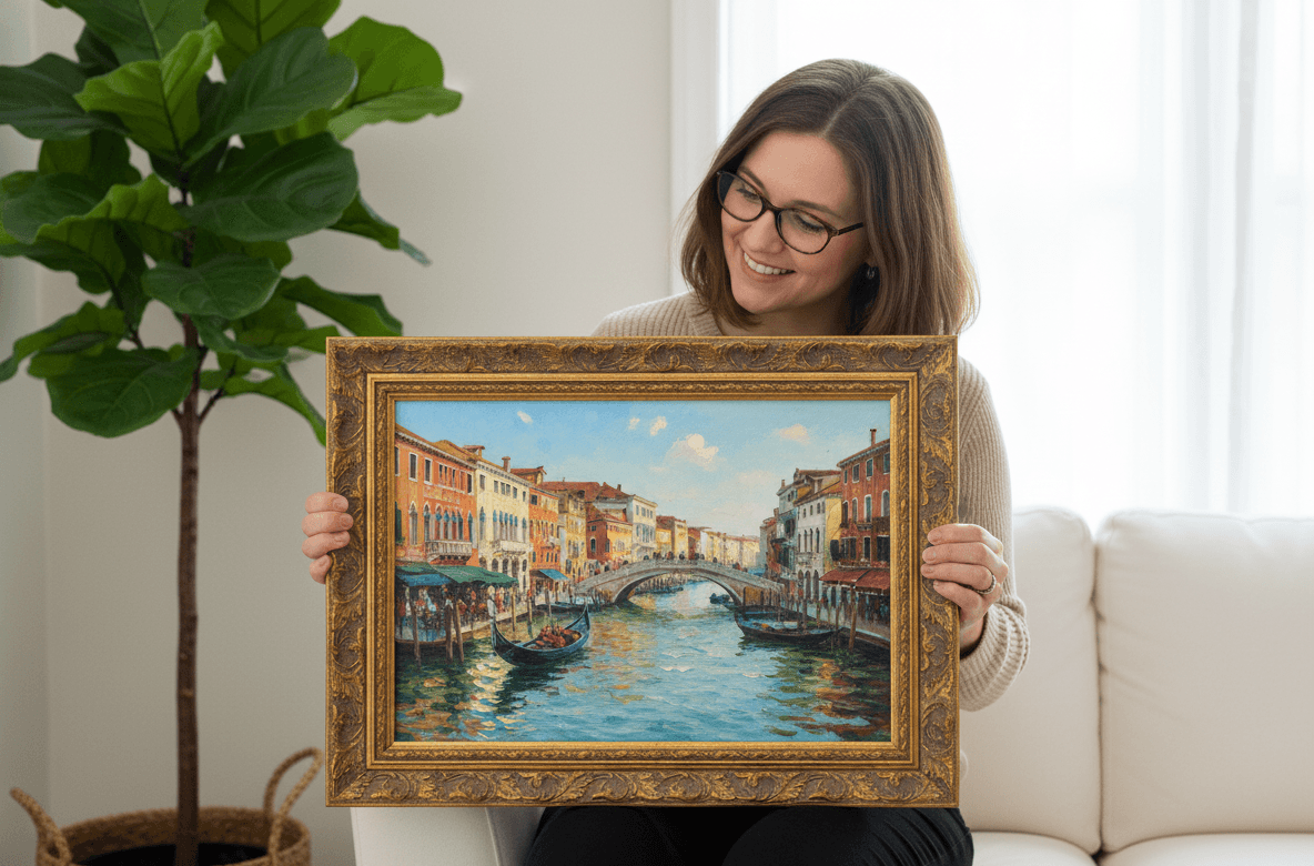 Wide antique gold picture frame with baroque floral patterns and elaborate scrollwork shown in traditional interior featuring magnificent 2 inch profile with antiqued gold tones perfect for estate paintings and formal photography