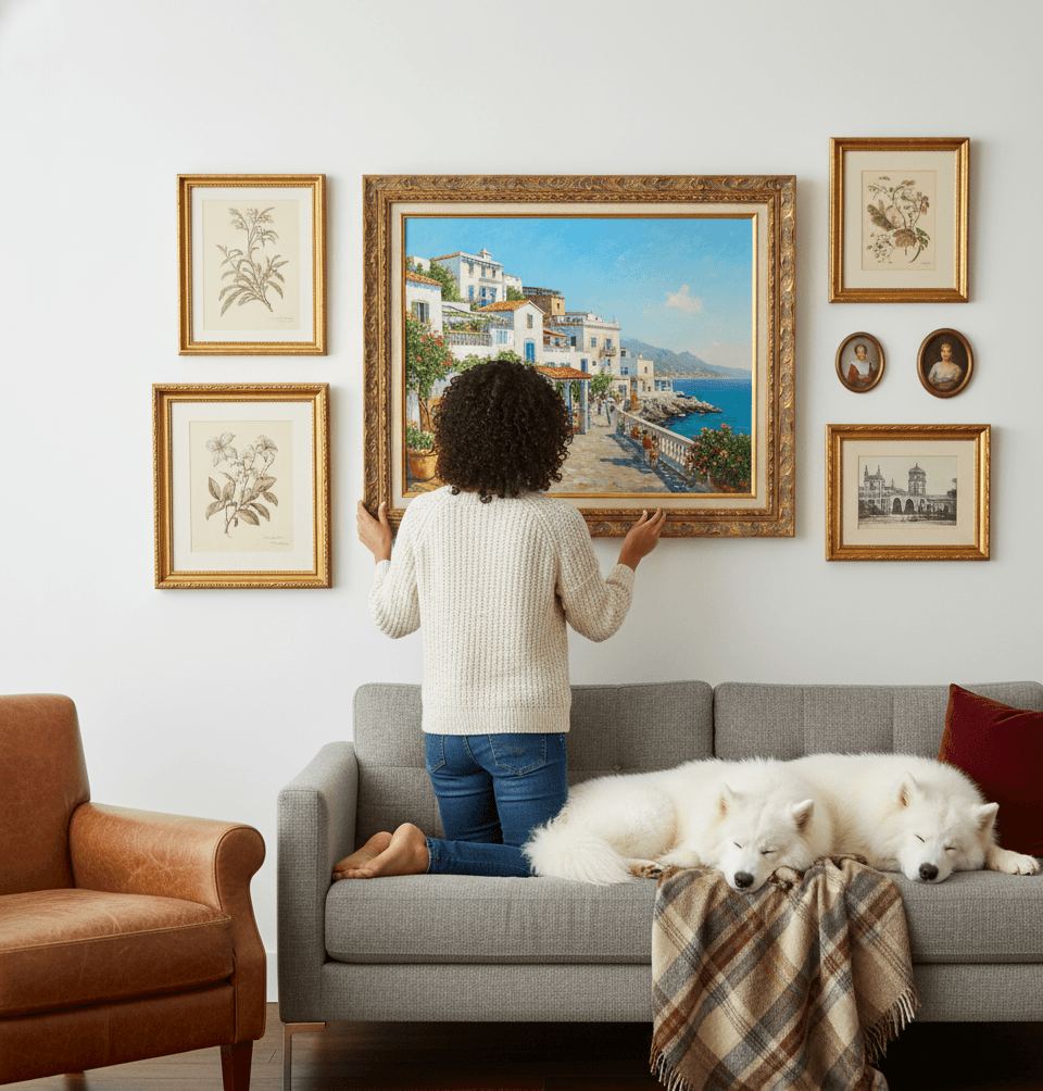 Antique gold frame with elaborate scrollwork and classical ornamental patterns displayed in formal interior showcasing wide 2 inch moulding with rich antique gold and bronze finish perfect for museum-quality presentations and distinguished displays