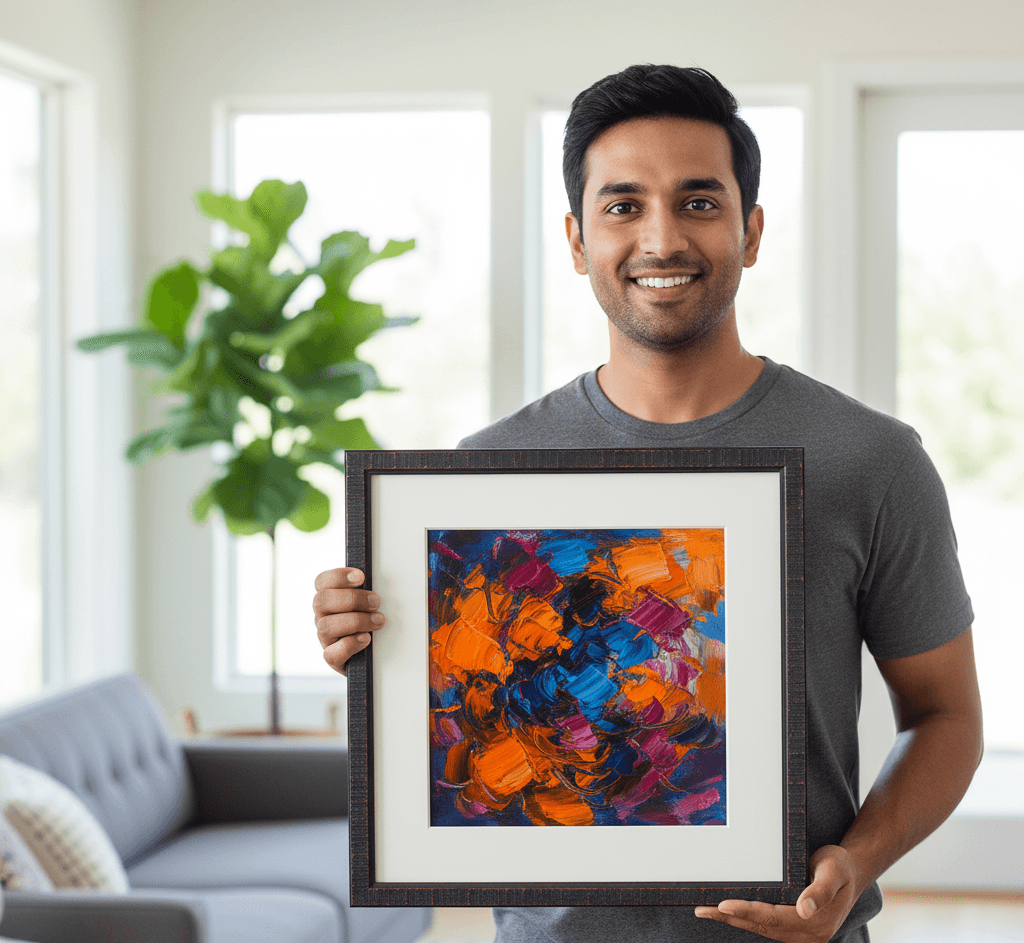Man in gray t-shirt holds dark wood picture frame featuring abstract painting in bright orange, blue, and magenta tones