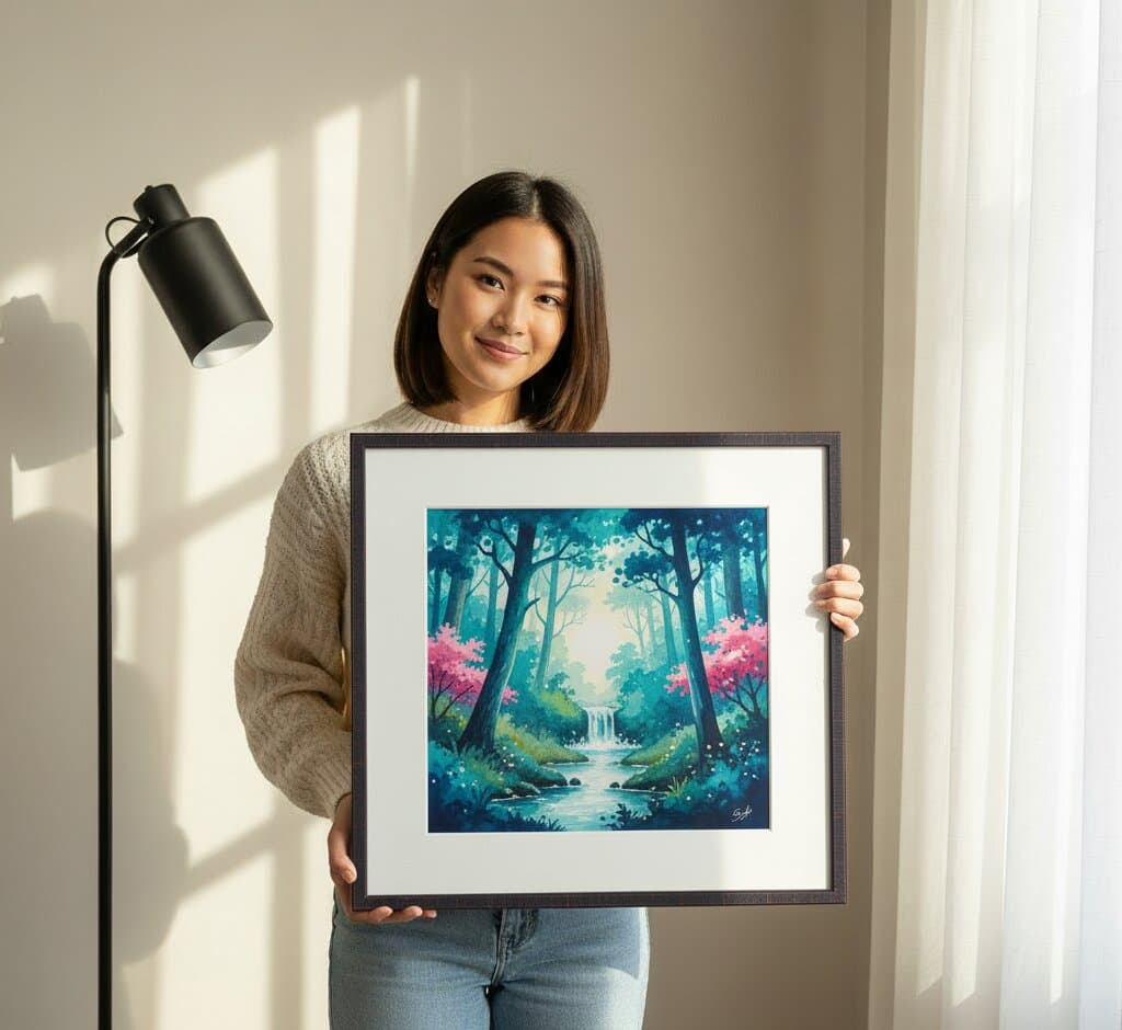 Smiling woman in beige cable-knit sweater holds large distressed black and red accent picture frame with generous white mat displaying enchanted fantasy forest landscape painting featuring ethereal turquoise and teal trees with glowing foliage, vibrant hot pink and magenta flowering bushes, luminous aqua stream with small waterfall and gentle white deer drinking water with magical firefly sparkles on white background in bright minimalist living room with white sheer curtains and dramatic window shadow patterns and black adjustable desk lamp demonstrating elegant custom framing for fantasy landscape art and whimsical nature paintings with bold modern industrial-chic picture frame finish perfect for contemporary spaces and urban loft interiors